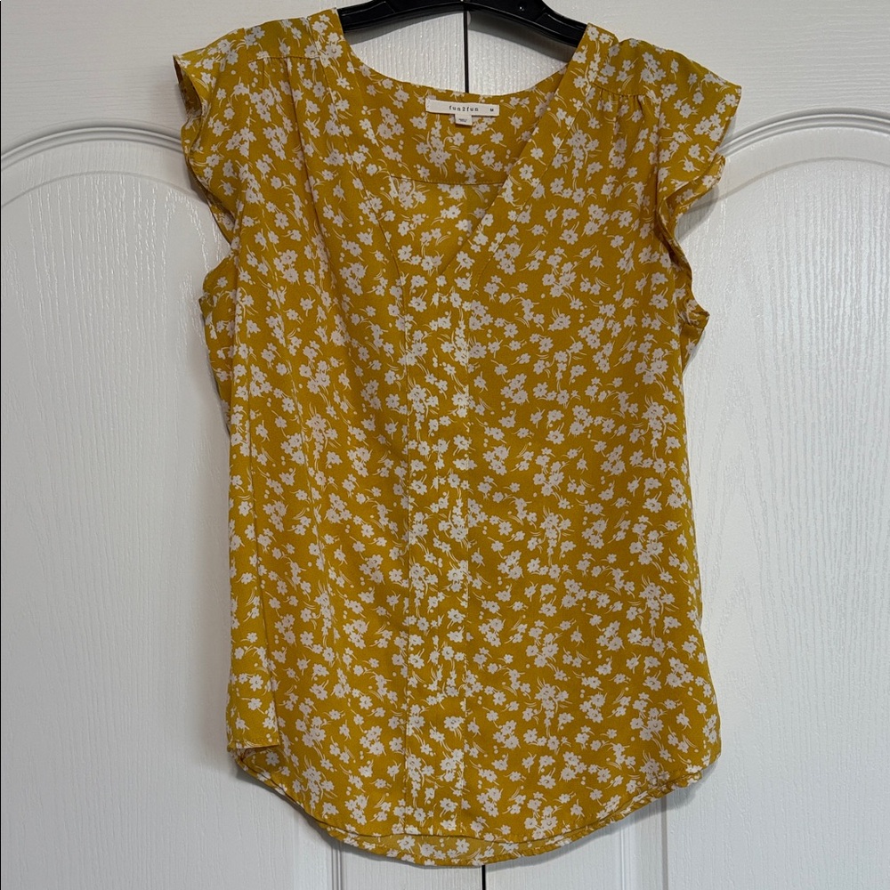 fun 2 fun Mustard Yellow Floral Cap-Sleeve Blouse